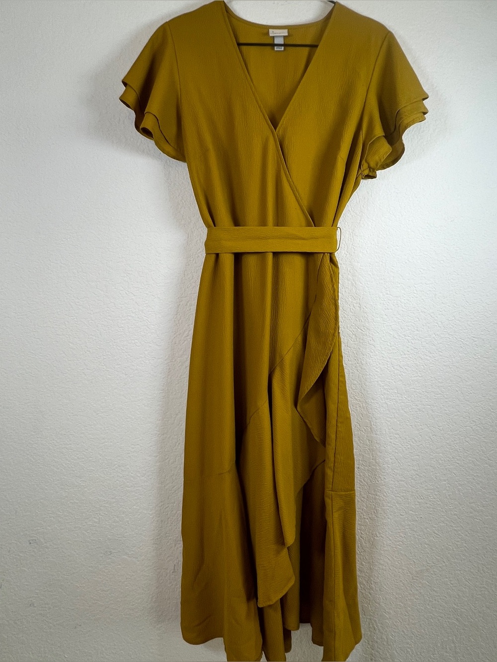 A New Day Women’s Mustard Wrap Midi Dress with Flutter Sleeves size L